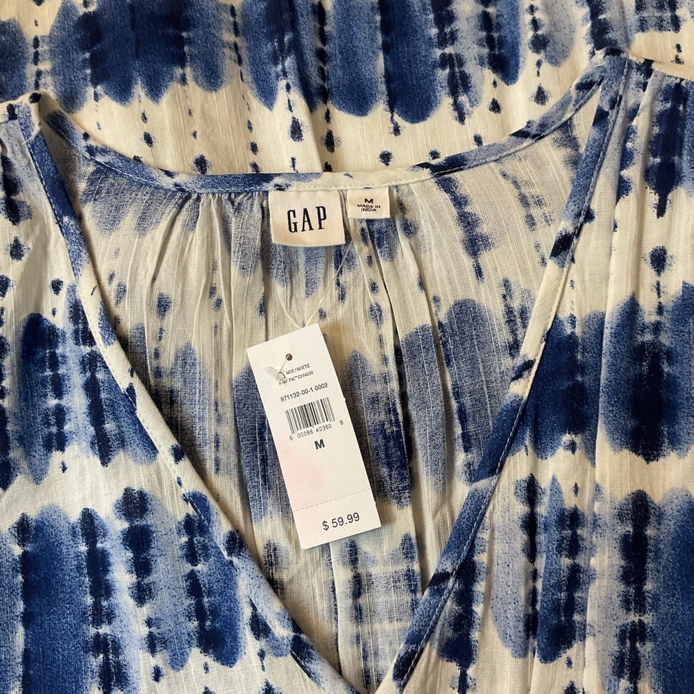 GAP Factory Blue and White Tie-Dye V-Neck Midi Dress with Waist Tie - Picture 5 of 8
